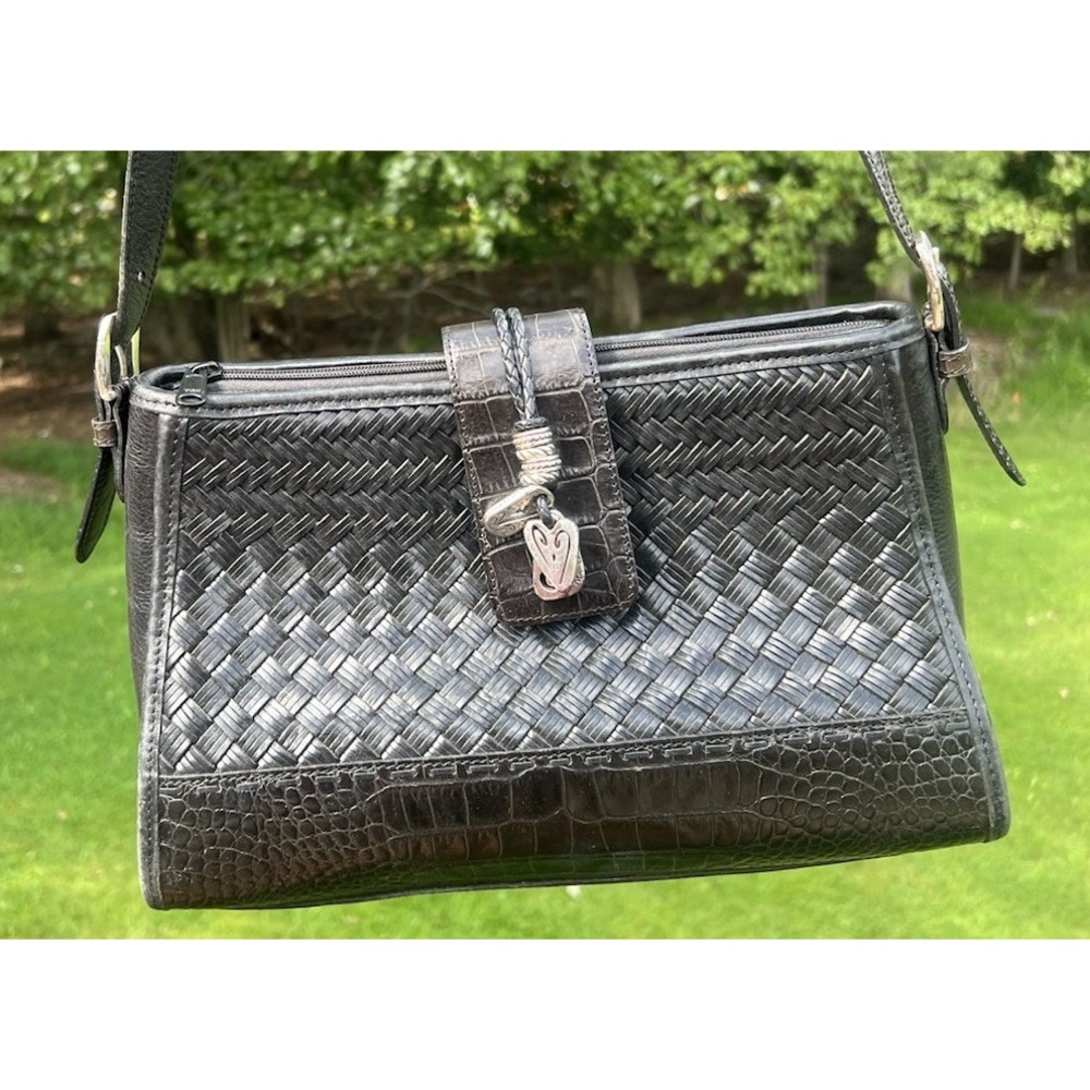 Brighton Bree Black Woven Leather Shoulder Bag Croc Embossed C222967